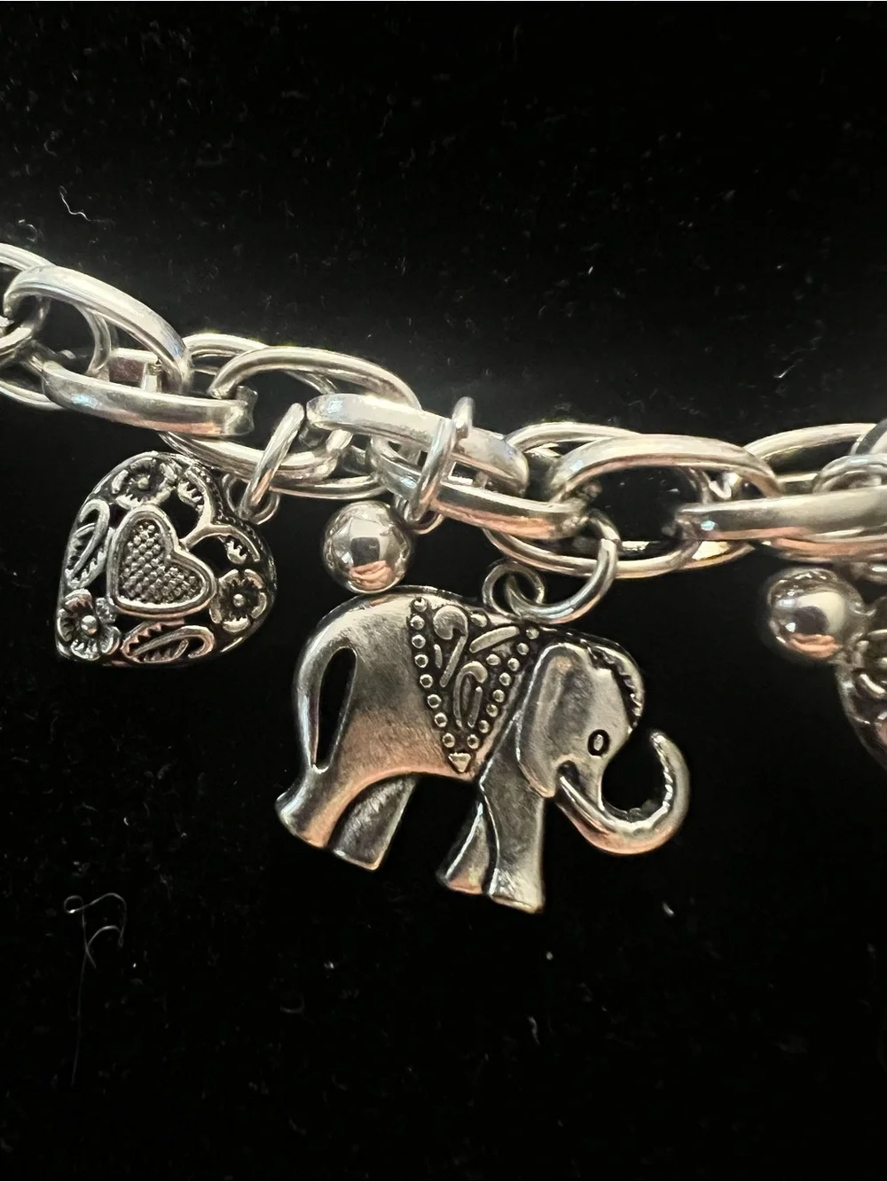 Source Unknown Silver Elephant and Heart Charm Bracelet